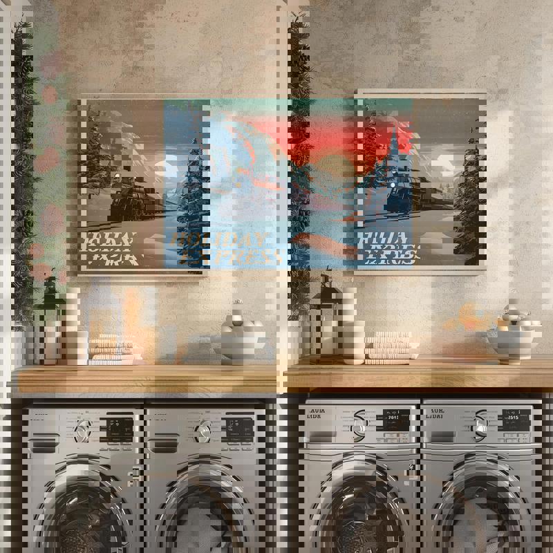 Holiday Express retro travel canvas wall art in classic red and green, charming Christmas dorm room decoration Holiday Express retro travel canvas wall art in classic red and green, charming Christmas dorm room decoration