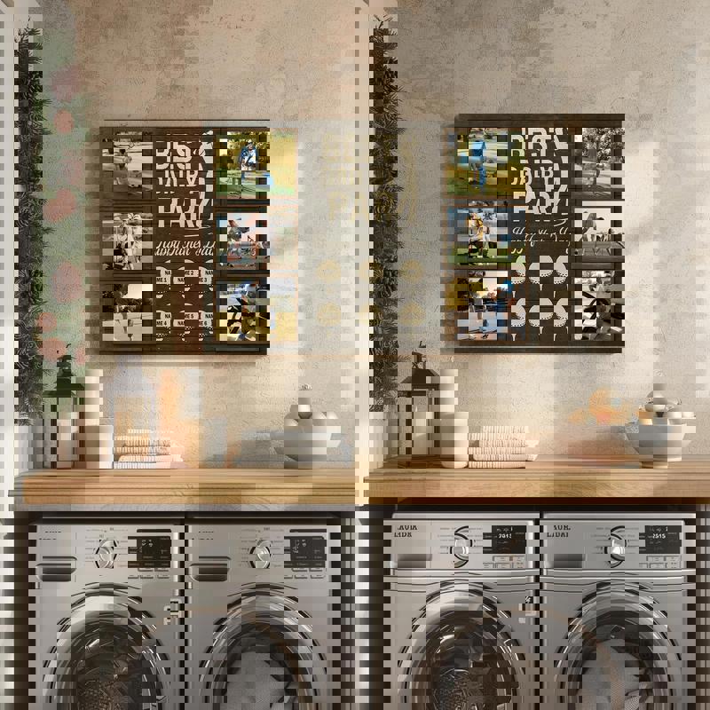 Best Dad By Par canvas, custom kids’ names with golf ball and cup, rustic wood-look background, Father’s Day wall decor