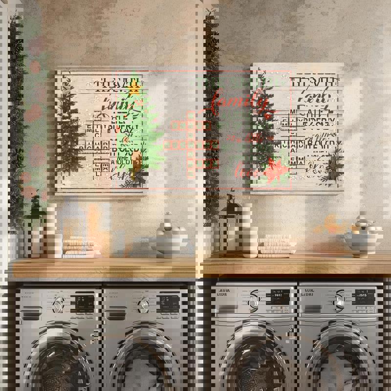 Personalized family name crossword canvas with quote, rustic farmhouse art, dark charcoal backdrop, landscape, holiday gift