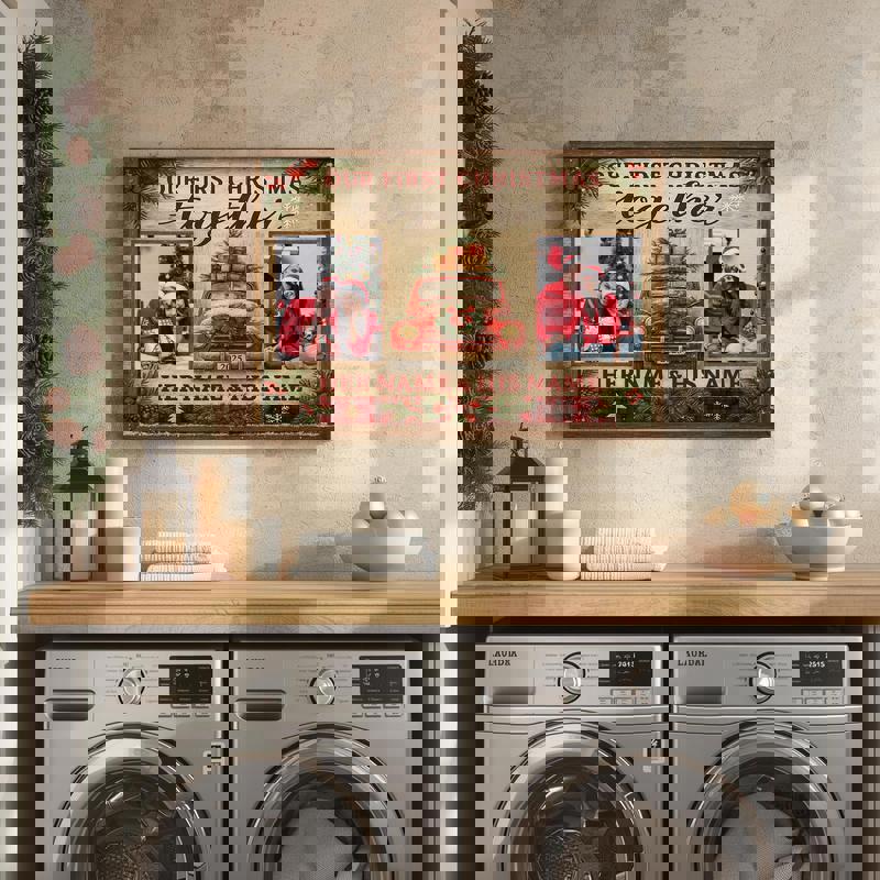 First Christmas together canvas print, custom couple collage with snowflakes on white wood, farmhouse bedroom decor gift