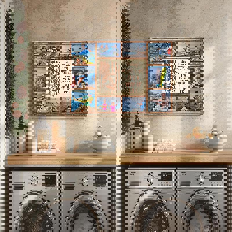 Fishing photo collage canvas featuring black and white photos, personalized names and custom message, farmhouse wall art