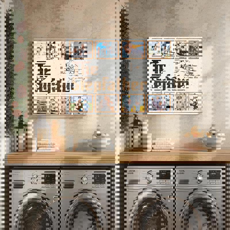 Personalized bonus dad photo collage canvas, portrait orientation on distressed wood, message and kids’ names, office decor