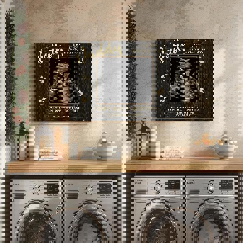 Father’s Day from bump ultrasound canvas, personalized message and sonogram photo, sage green linen background, portrait