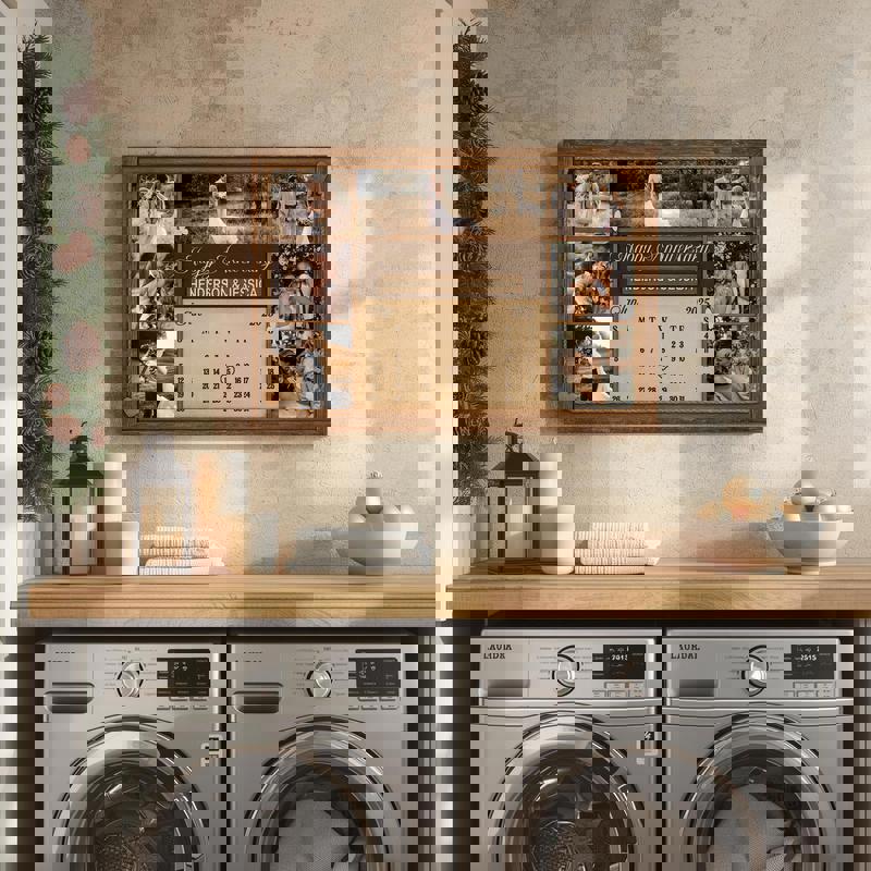 Rustic farmhouse anniversary calendar canvas with chalkboard-style script, custom names, wedding date, and photo collage gift Rustic farmhouse anniversary calendar canvas with chalkboard-style script, custom names, wedding date, and photo collage gift