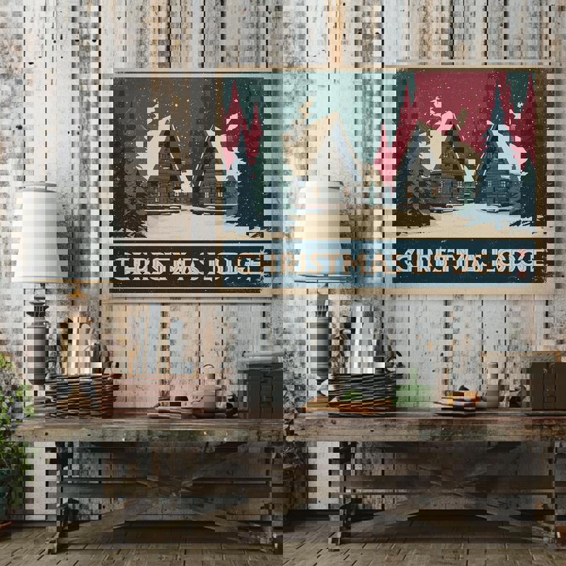 Christmas Lodge Retreat Retro canvas print, minimalist lodge crest with snowy evergreens, ideal for cozy dorm seasonal decor through winter.