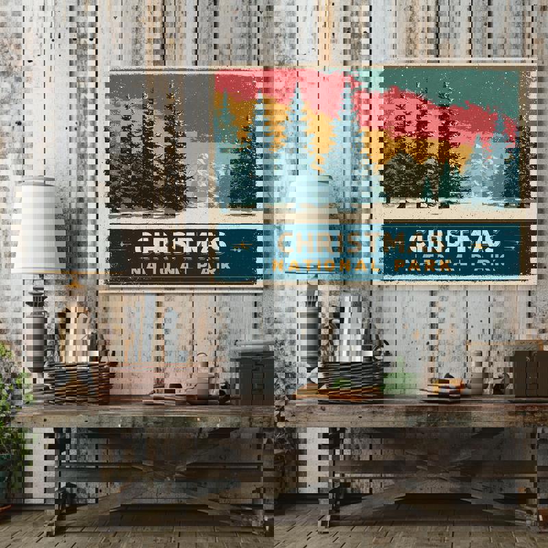 Christmas National Park canvas wall art, vintage travel poster with snowy ridge and evergreens, dorm-friendly accent