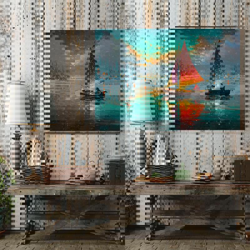 Christmas boat canvas, vertical portrait scene of red skiff under fairy lights, cozy holiday accent for small dorm corners