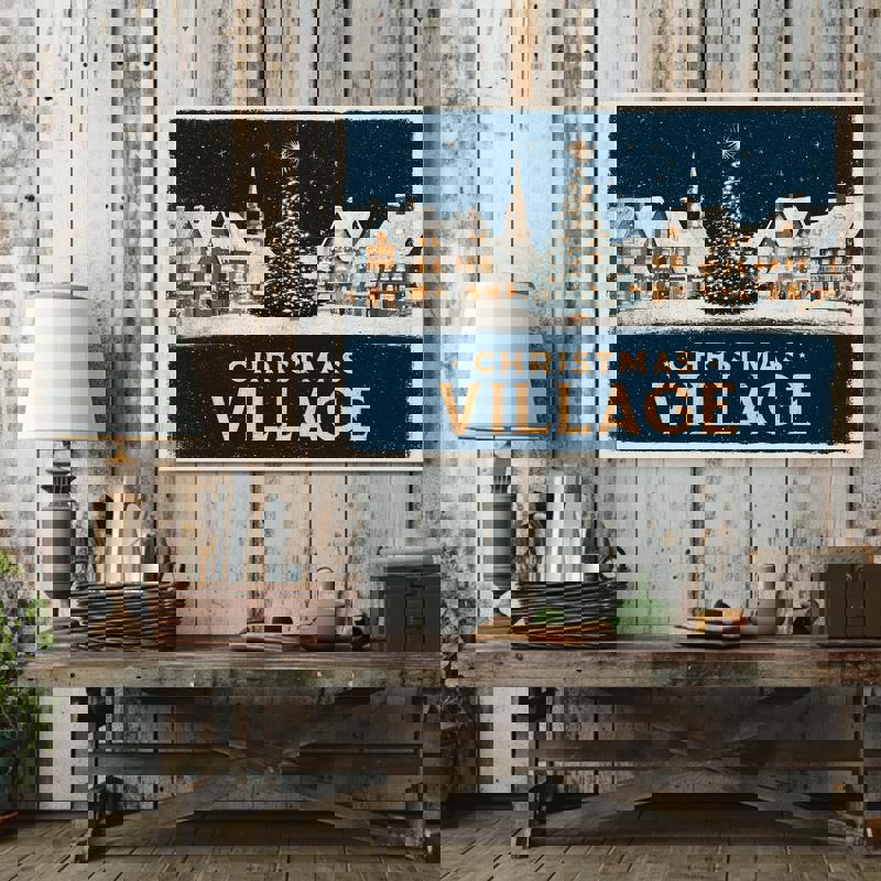 Retro Christmas village canvas wall art highlighting charming cottages, starry winter sky, and gentle snow, soothing dorm room accent