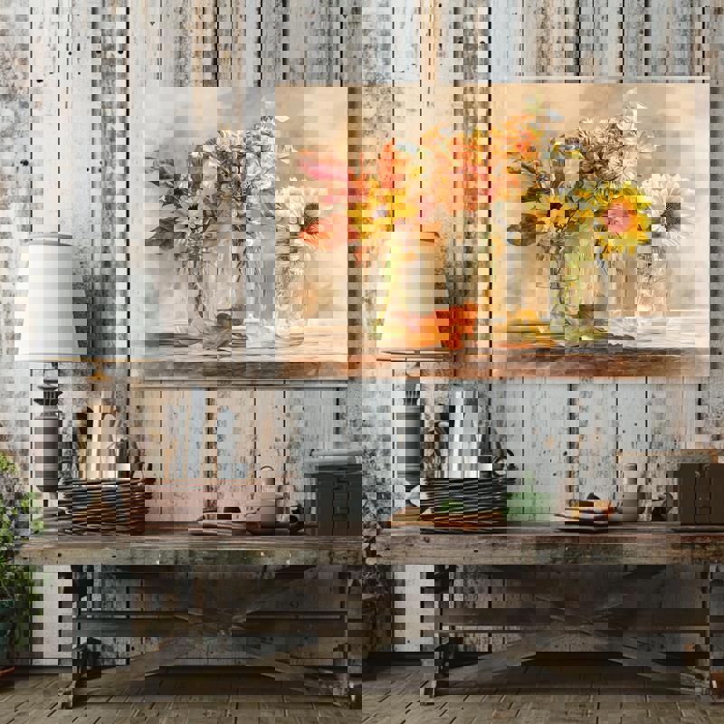 Thanksgiving floral watercolor canvas showing three rustic jars on a cream wash, long landscape laundry room wall decor