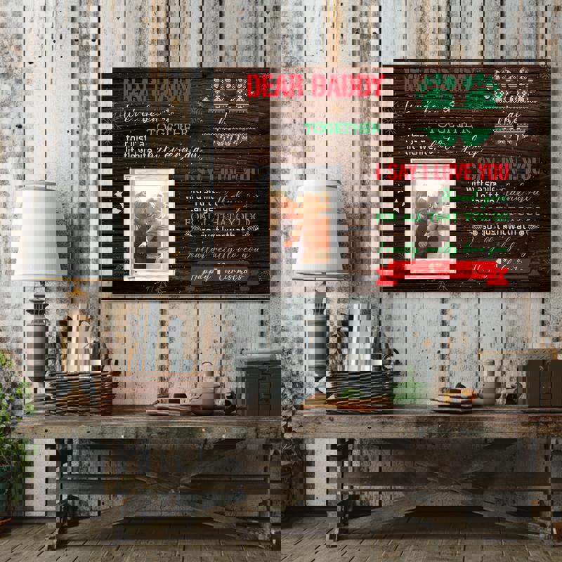 Happy First Christmas canvas art for Dad, rustic palette, custom baby name and year, thoughtful personalized holiday gift