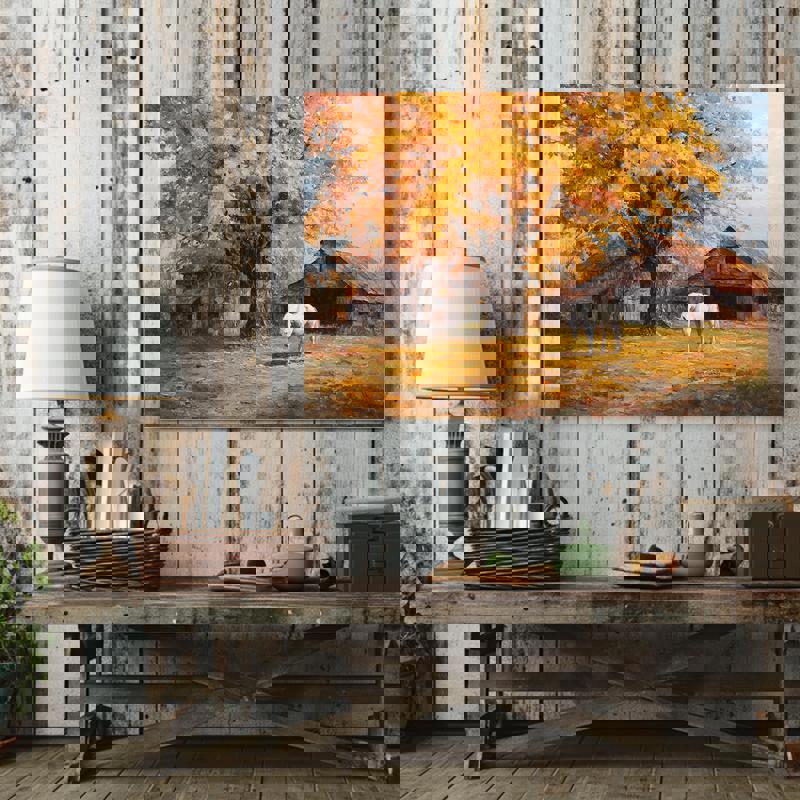 Harvest Autumn Serenity canvas wall art, subtle Thanksgiving dorm accent bringing autumn serenity to small apartment rooms.