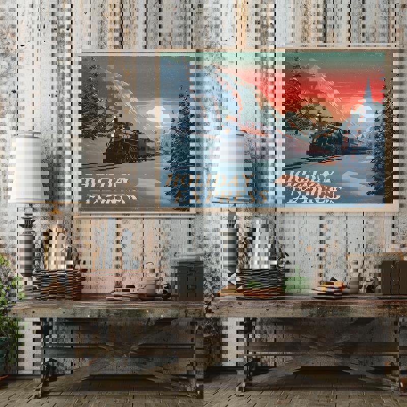Holiday Express retro travel canvas, mid-century Christmas railway poster aesthetic, easy dorm room wall decor update Holiday Express retro travel canvas, mid-century Christmas railway poster aesthetic, easy dorm room wall decor update