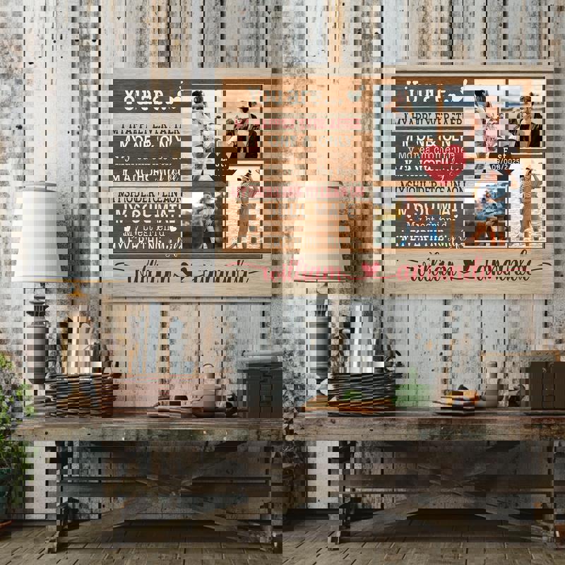 'My Happily Ever After' farmhouse wall art canvas, sepia-toned couple photos, personalized names/date, rustic anniversary decor