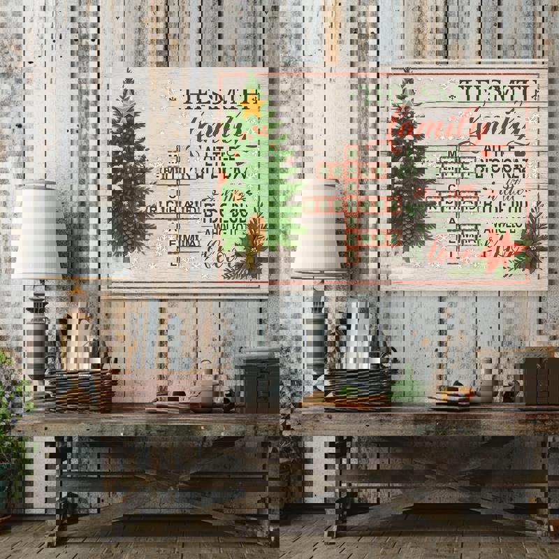 Personalized family name crossword canvas with quote, rustic farmhouse, cream background, entryway, gift for new homeowners