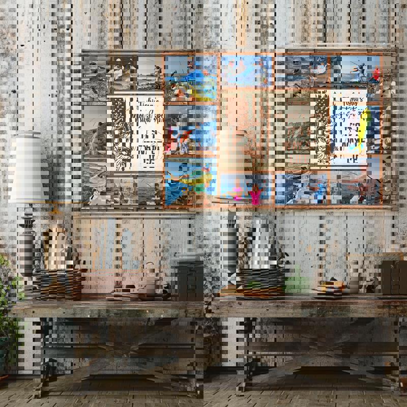 Fishing memories photo collage canvas, rustic wood look, customized names and date, birthday gift for dad or grandpa