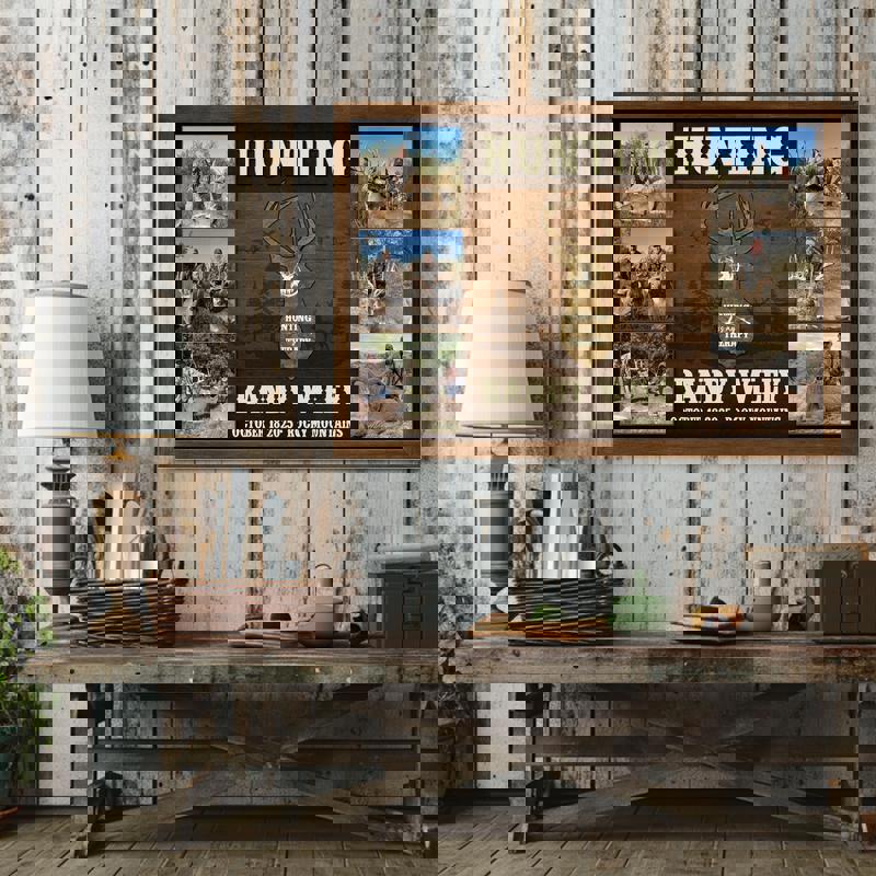 Hunting Is My Therapy canvas art, custom deer photo collage with antlers on rustic texture, personalized names, gift for hunter husbands