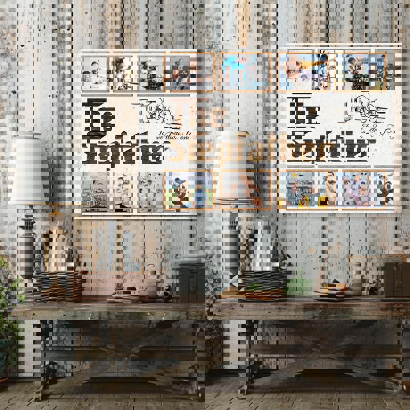 Personalized stepfather photo collage canvas, landscape arrangement on wood, custom names and date, Father’s Day wall art