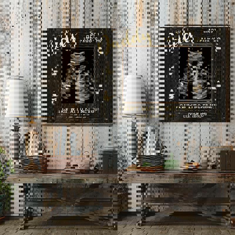 Father’s Day from bump ultrasound frame canvas, custom name and message, navy and white modern type, landscape 12x18 size