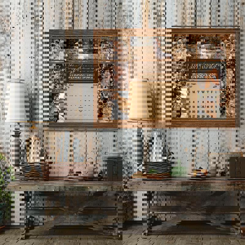 Rustic farmhouse anniversary calendar canvas showcasing black-and-white photo collage, personalized names and wedding date for couples Rustic farmhouse anniversary calendar canvas showcasing black-and-white photo collage, personalized names and wedding date for couples