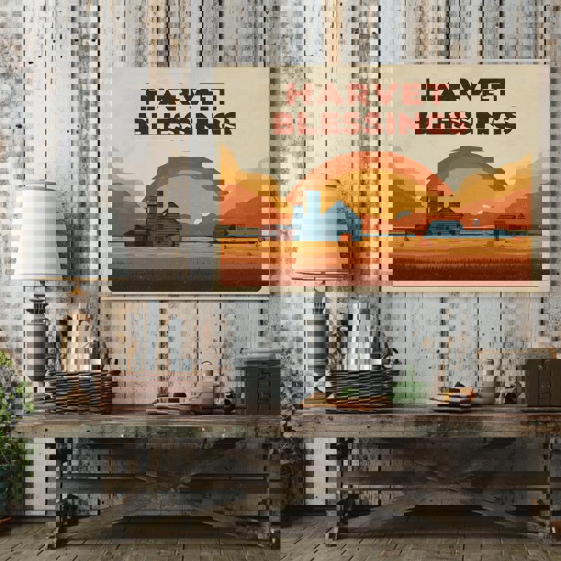 Thanksgiving harvest fields vintage poster art with rustic barn silhouette and golden field, autumn decor for dorm spaces