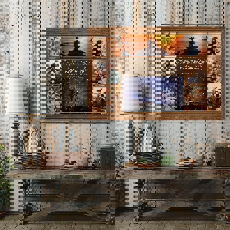 custom star map photo collage canvas, portrait with black background, white constellations, personalized names and date