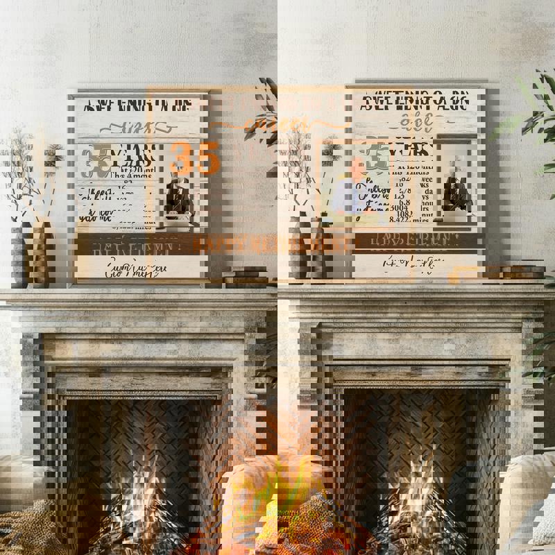 Happy retirement personalized photo canvas, neutral farmhouse tones, add photo and names; ideal office or home office decor