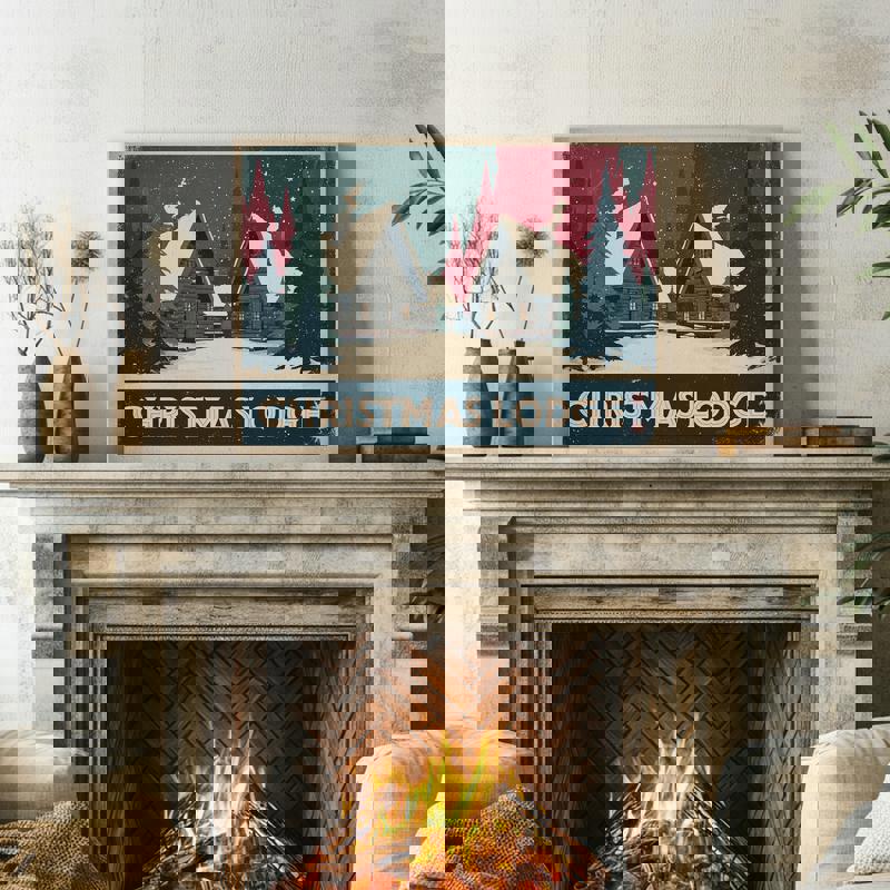 Christmas Lodge Retreat Retro canvas wall art, rustic lodge badge graphic over a soft snowy backdrop, ideal for festive dorm room decor.