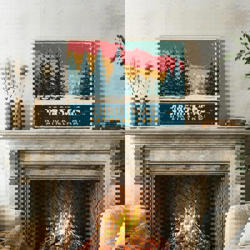 Christmas National Park canvas art, retro travel poster style with snowy forest scene, perfect dorm holiday accent