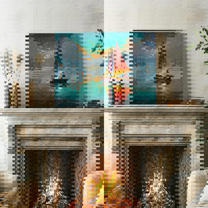 Festive boat Christmas canvas, snowy shoreline and soft reflections, gallery-wrapped art sized right for college dorm walls