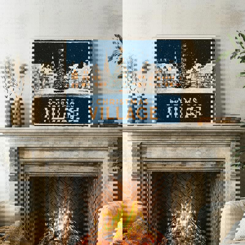 Retro Christmas village canvas wall art featuring classic red and green accents, snowy rooftops, and amber lights for dorm decor