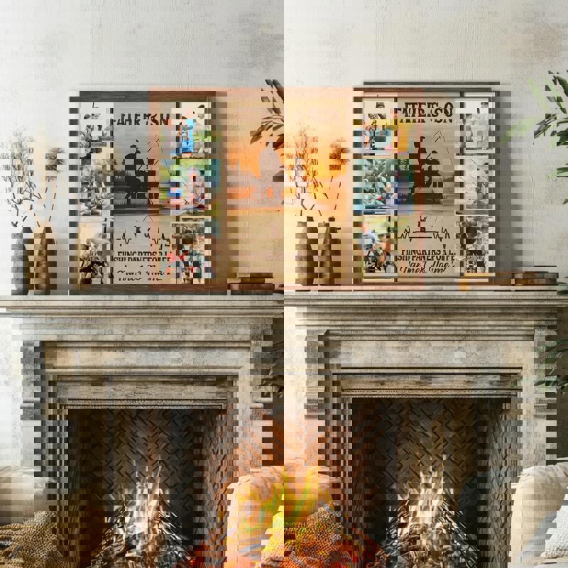 Father and son fishing photo collage canvas, custom family vacation keepsake, birthday gift for Dad, rustic farmhouse decor