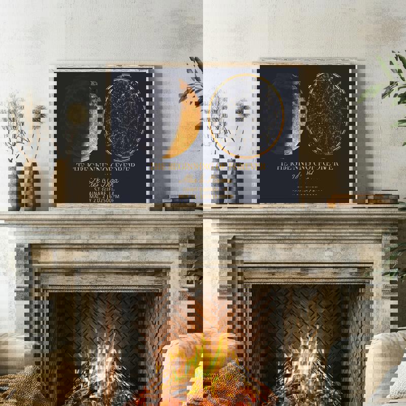 moon phase and star map canvas, personalized night sky chart with coordinates, navy background, anniversary gift moon phase and star map canvas, personalized night sky chart with coordinates, navy background, anniversary gift