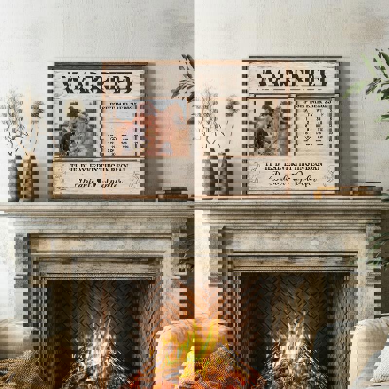 Wedding calendar canvas on natural linen texture, custom couple names and date, minimalist black and white, portrait