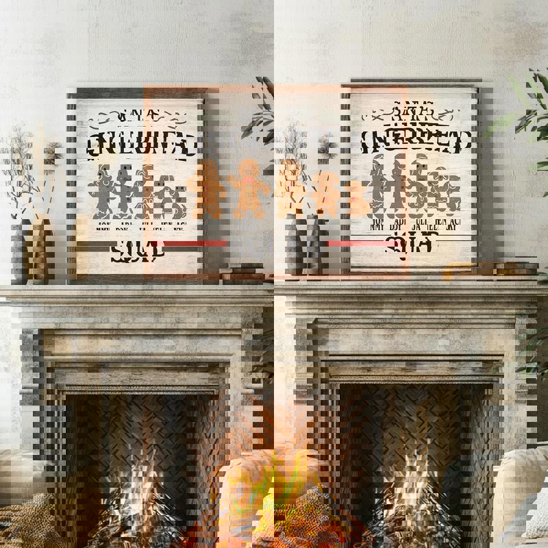 Gingerbread family canvas, personalized last name and five cookie characters, distressed white wood Christmas decor