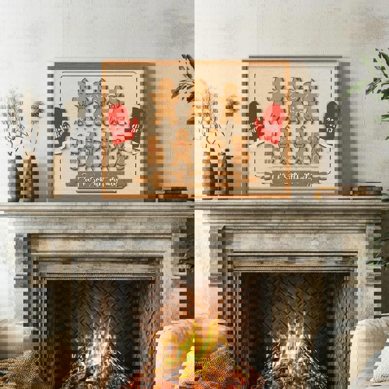 Gingerbread family canvas wall art, landscape on light woodgrain, personalized grandchildren names for holiday decor