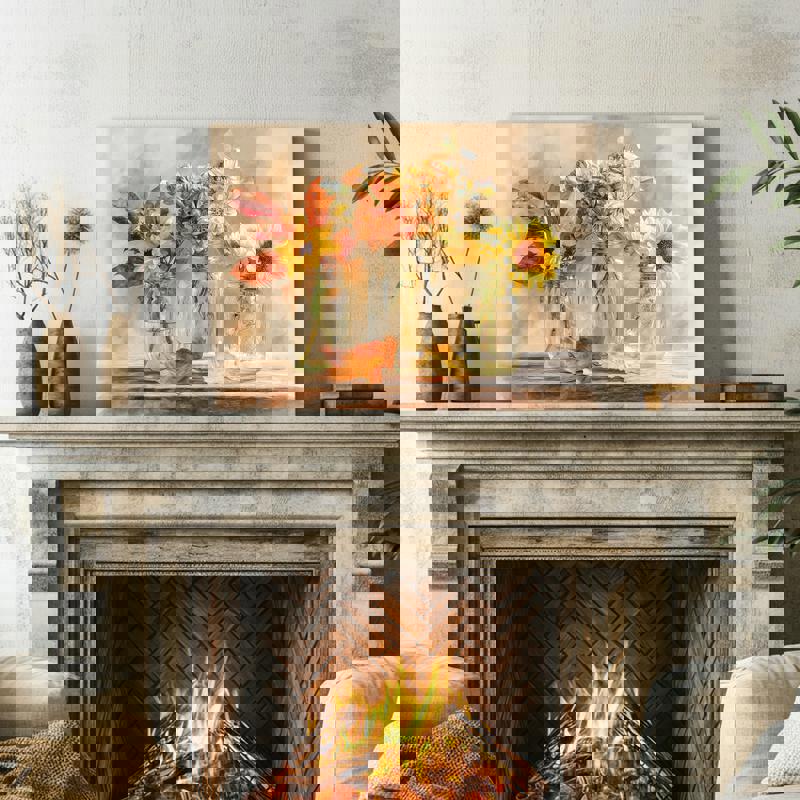 Thanksgiving floral watercolor canvas with weathered blue mason jars and soft blooms, cozy laundry room wall art