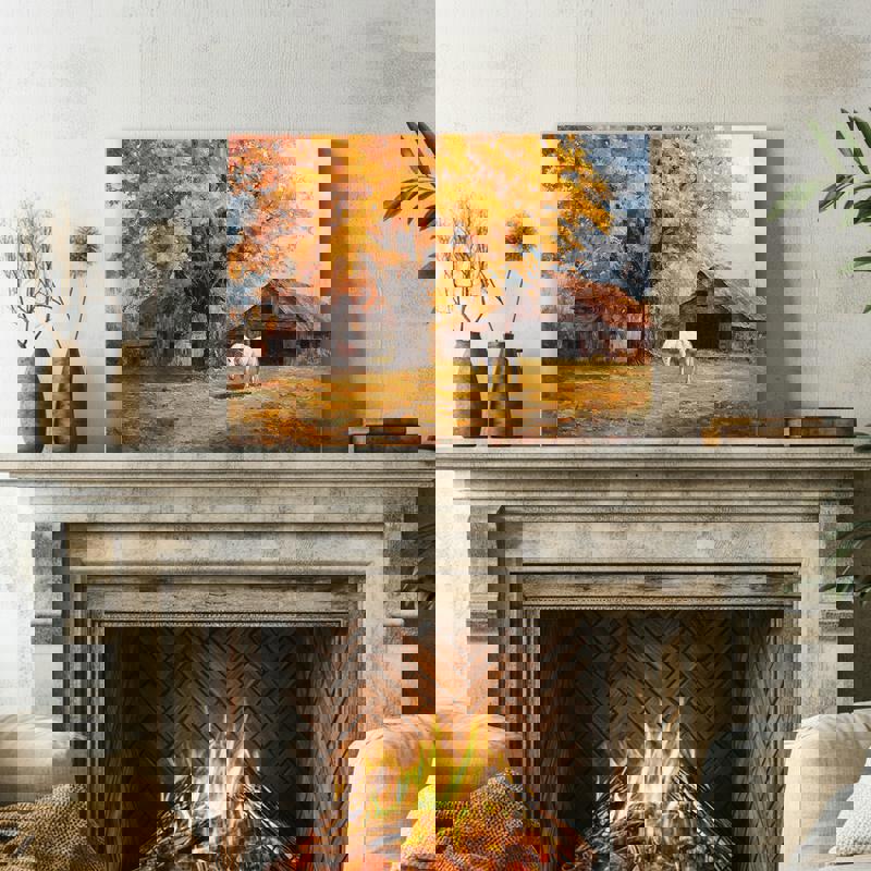 Harvest Autumn Serenity canvas wall art, Thanksgiving dorm decor showcasing gentle autumn tones for a calm, welcoming space.