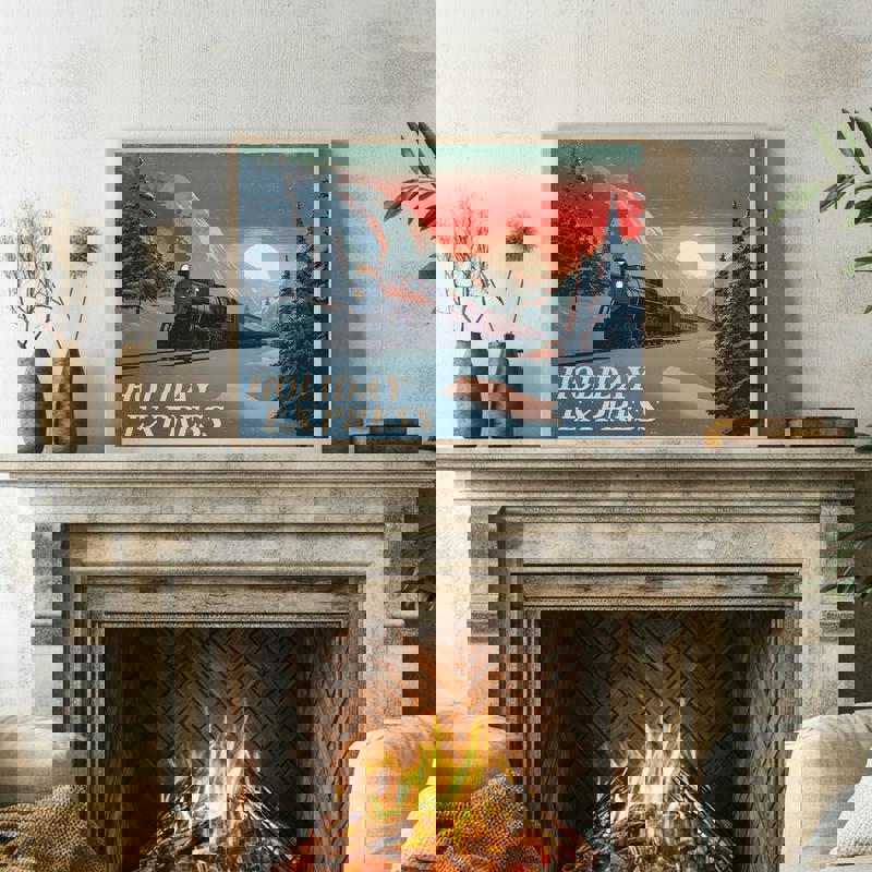 Holiday Express retro travel canvas, vintage postcard-style Christmas train art, playful dorm room decor Holiday Express retro travel canvas, vintage postcard-style Christmas train art, playful dorm room decor