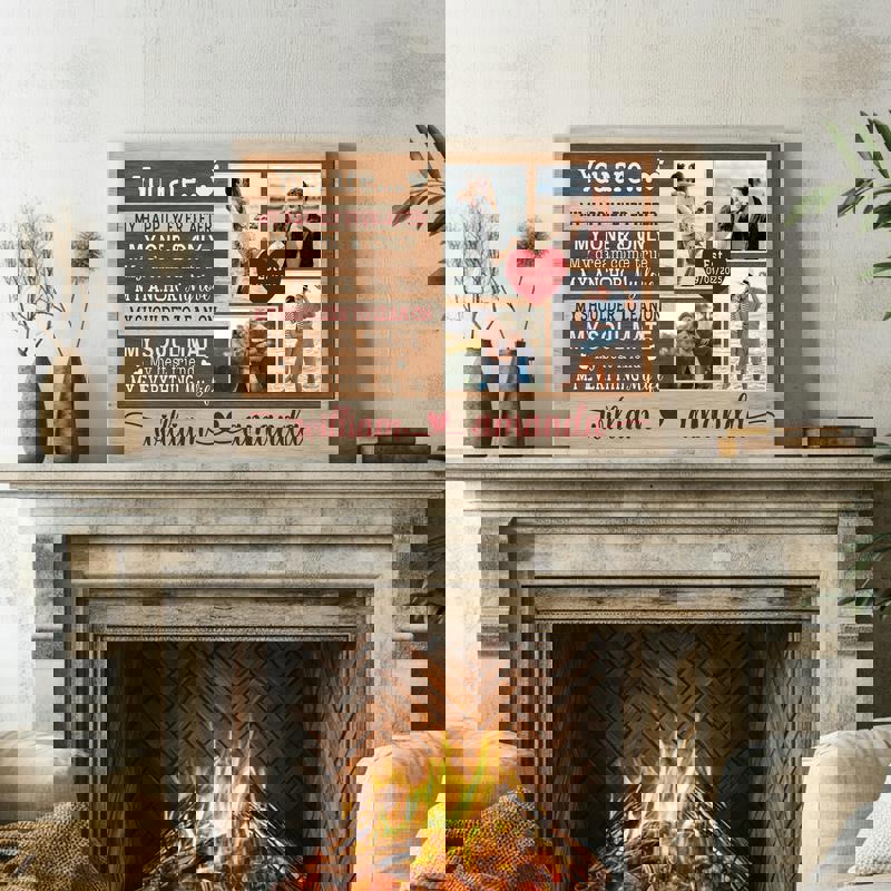 Couple photo collage canvas, portrait orientation, rustic farmhouse, personalized with names and date, bedroom wall decor