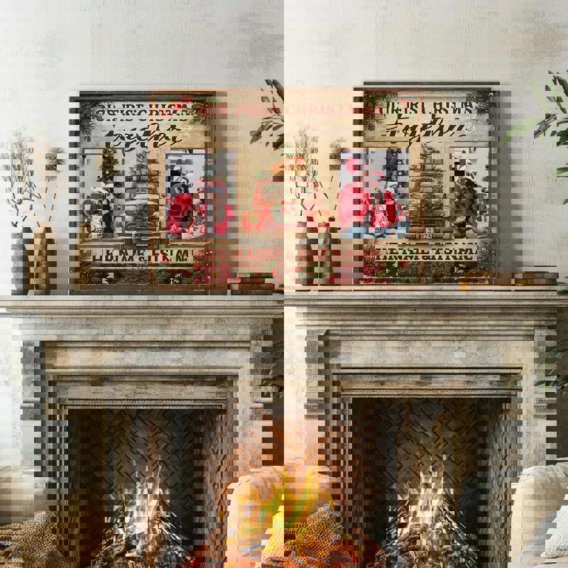 First Christmas together canvas wall art, personalized couple photo collage on dark walnut wood, rustic farmhouse style