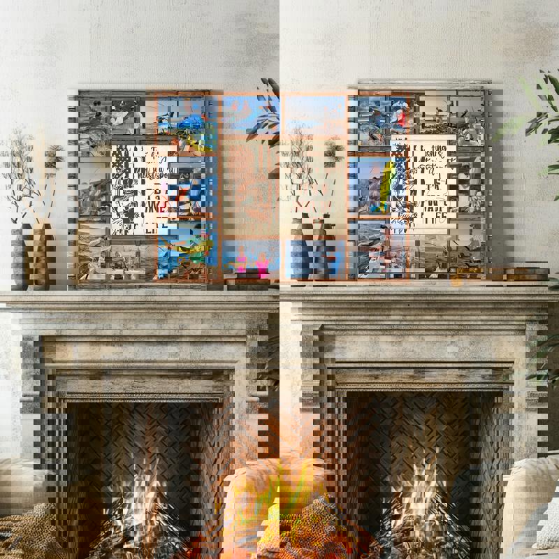 Fishing photo collage canvas with blue rustic accents and subtle fishing icons, custom names and photos, living room wall art