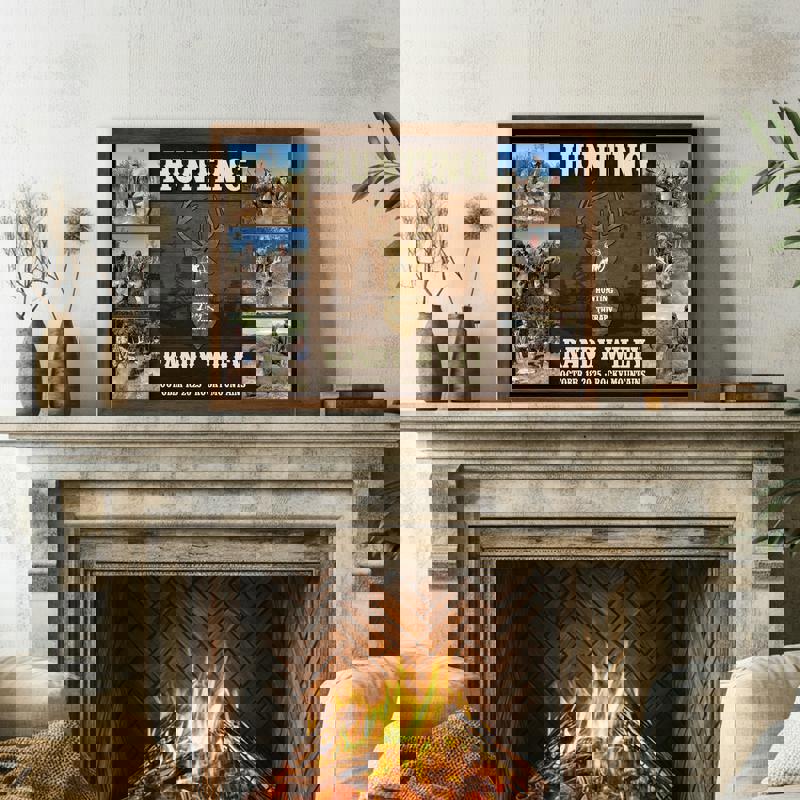 Hunting Is My Therapy canvas in rustic farmhouse style, custom deer photo collage, add family name, cabin or man cave decor for avid hunters