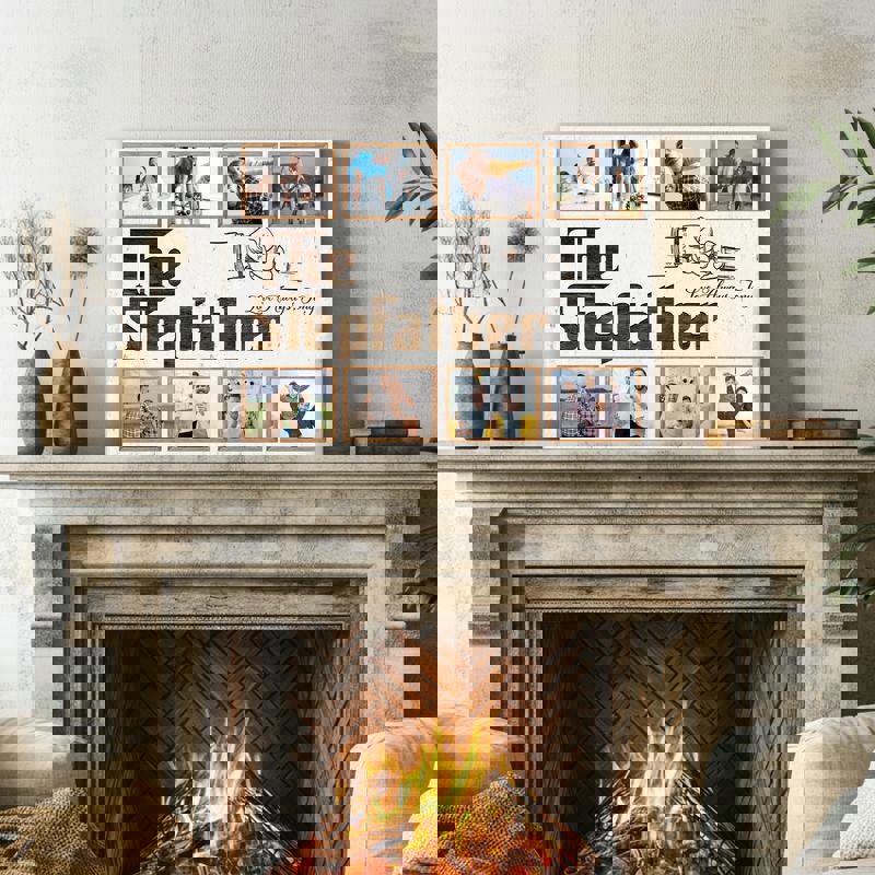 Personalized bonus dad collage canvas, rustic charcoal wood look with photos and kids’ names, Father’s Day gift