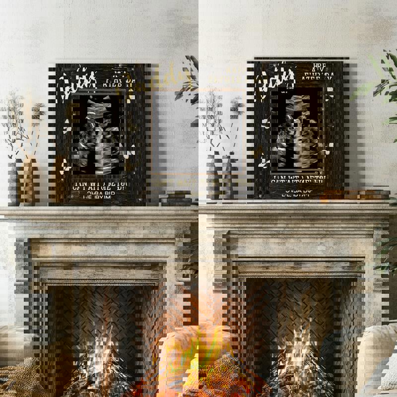 Father’s Day from bump ultrasound canvas, custom names and date, chalkboard black with white script lettering, landscape