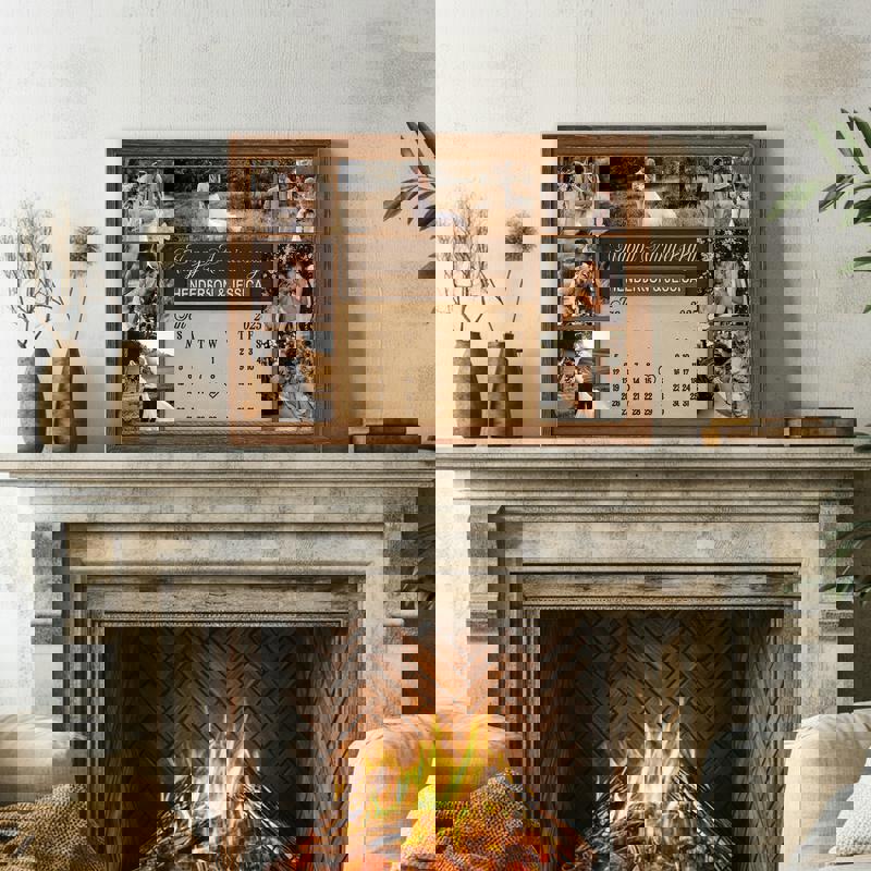 Rustic farmhouse anniversary calendar canvas with wood-look background, personalized names, date, and photo collage for couples Rustic farmhouse anniversary calendar canvas with wood-look background, personalized names, date, and photo collage for couples