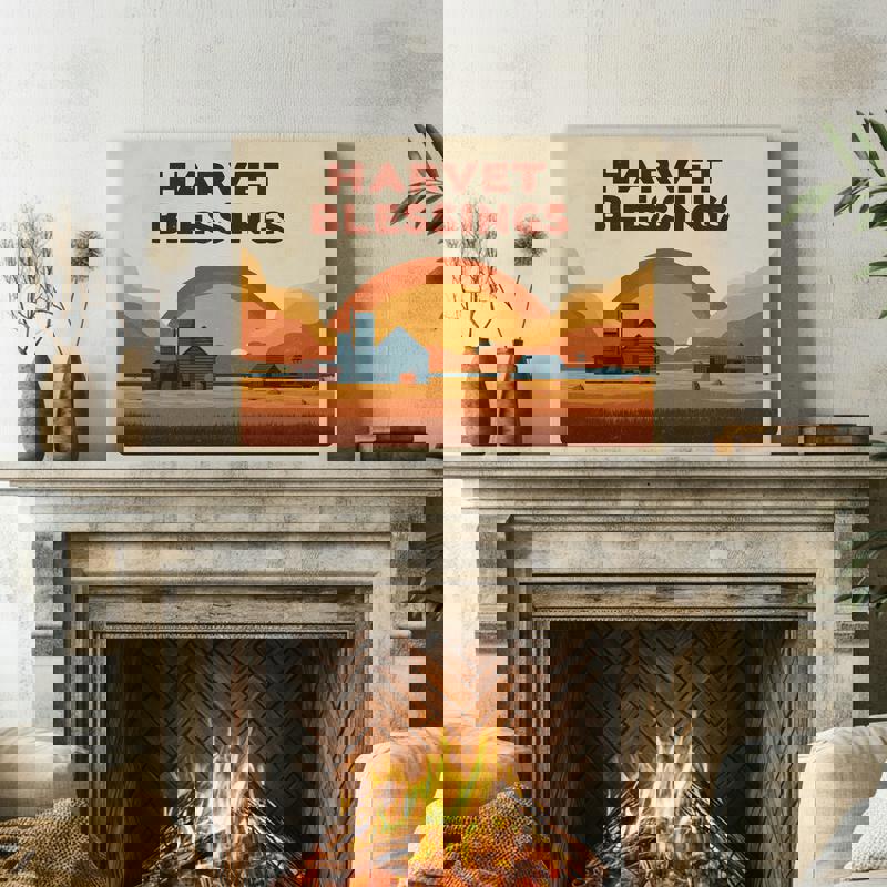 Thanksgiving harvest fields vintage poster with sepia tones, wheat field panorama and hills, farmhouse style dorm decor