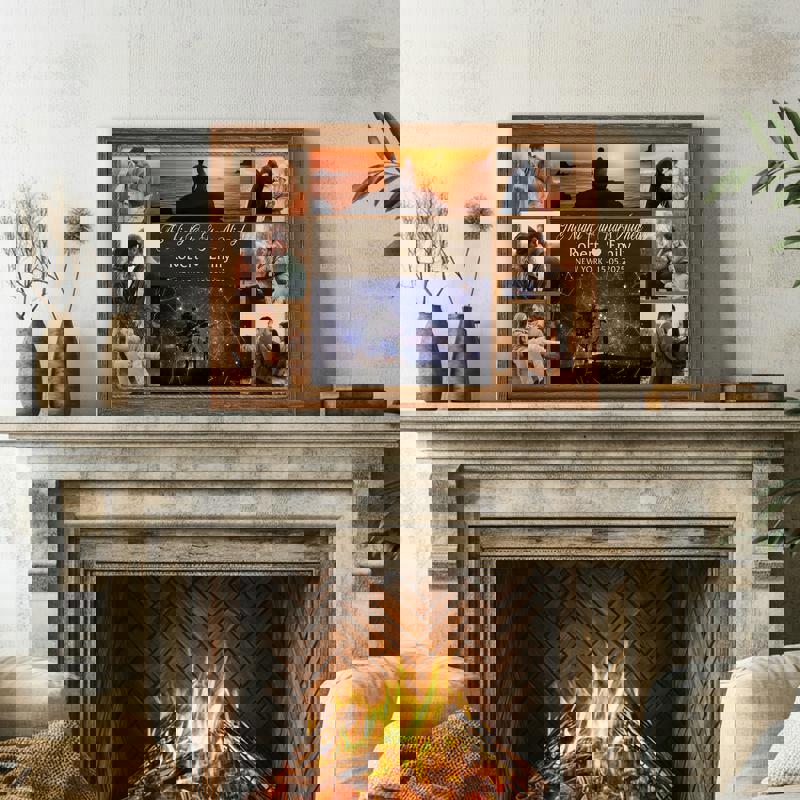 constellation map photo collage canvas with night sky, custom names, date and location, rustic anniversary gift