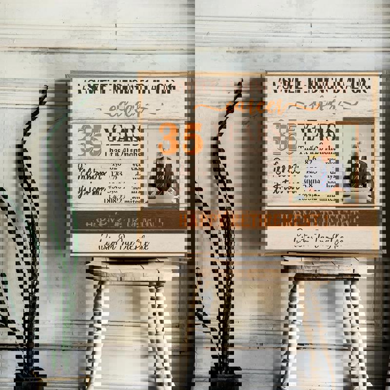 Retirement personalized photo canvas, farmhouse typography on reclaimed wood, custom photo and names for living room decor