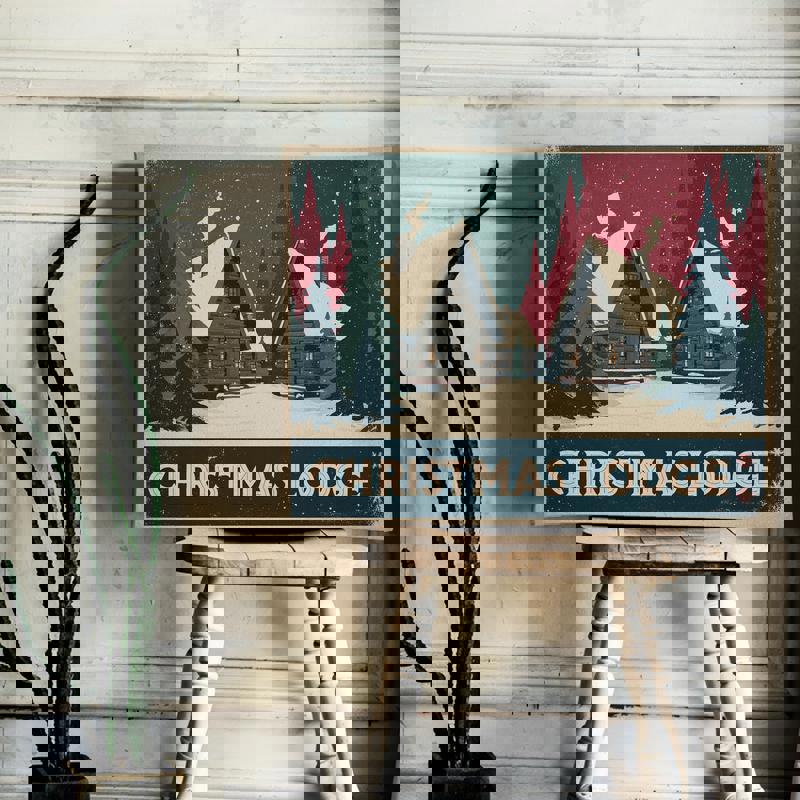 Christmas Lodge Retreat Retro canvas, dorm‑friendly holiday art featuring lodge typography, subtle snowfall, and enduring vintage charm for walls.
