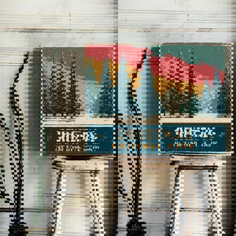 Christmas National Park canvas poster, landscape orientation, retro greens and reds, winter dorm room wall decor